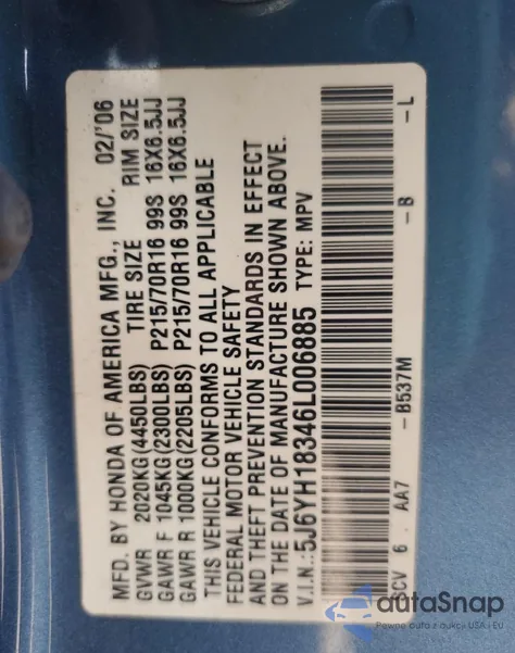 2006 Honda Element Lx from USA, damaged, VIN 5J6YH18346L006885